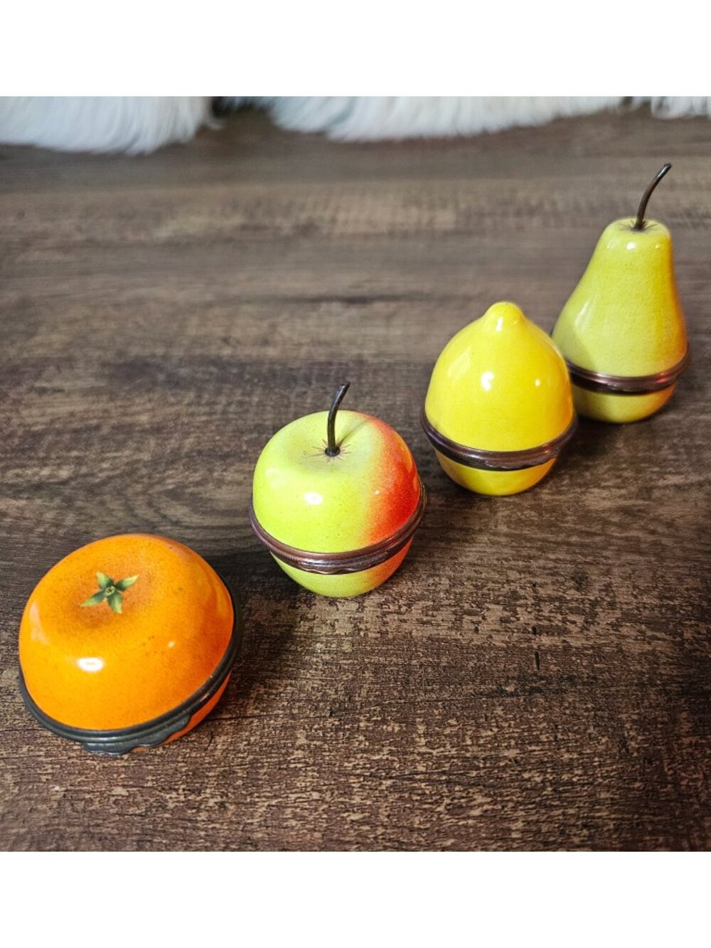 4PCs  Halcyon Days Enamel Fruit Bonbonniere Trinket Box Apple Pear Lemon Orange